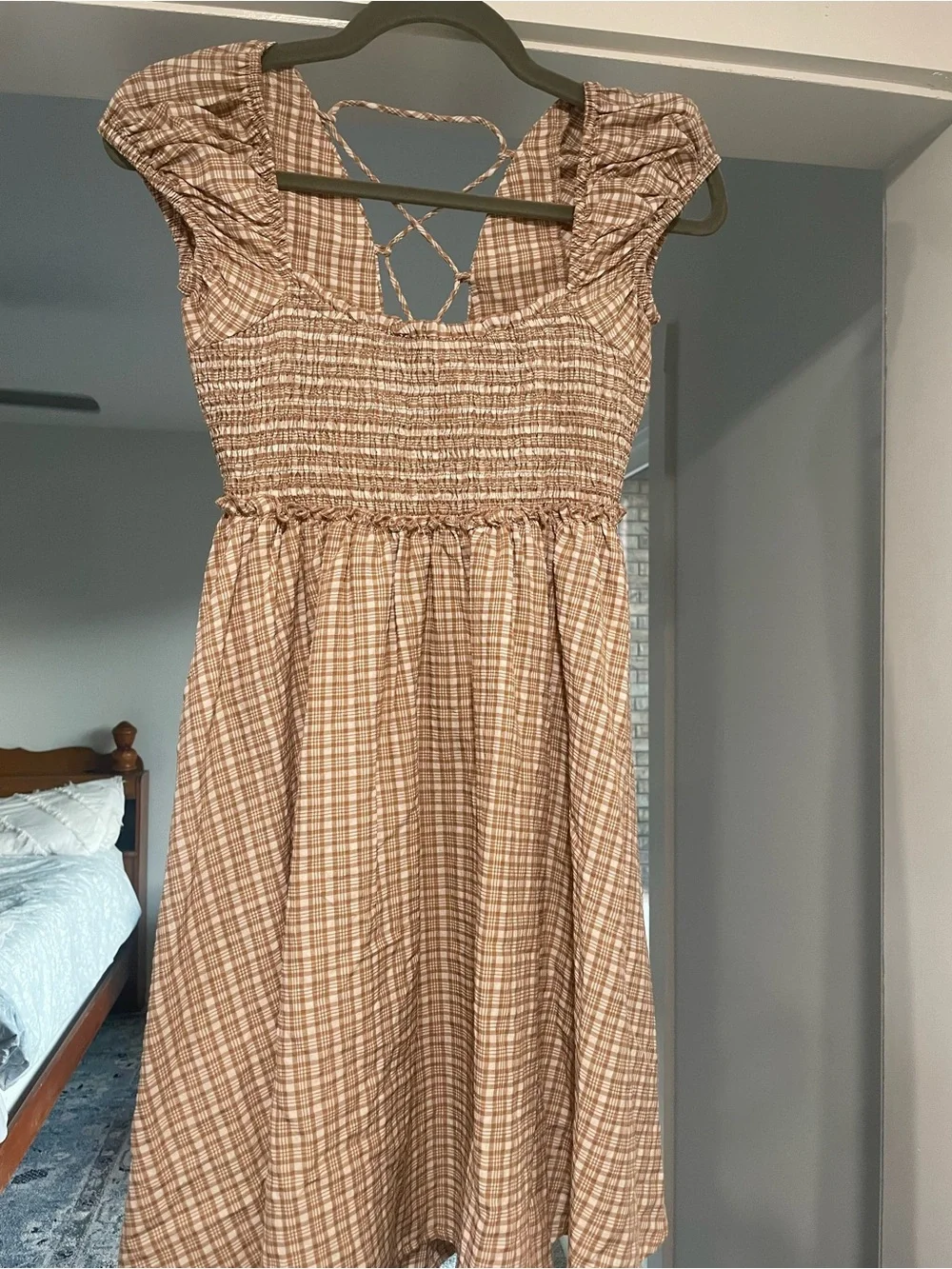 Free People Beige Plaid Lace-Up Back Dress - Picture 3 of 3